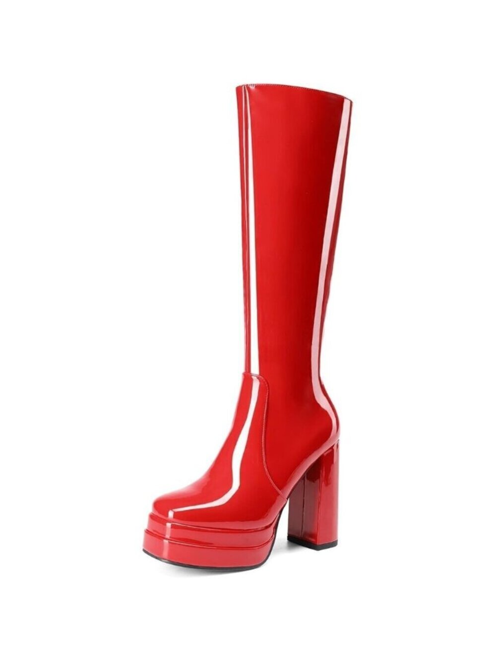 Women's Red Platform Heeled Knee High Boots Long Chunky Tall Gogo Boots